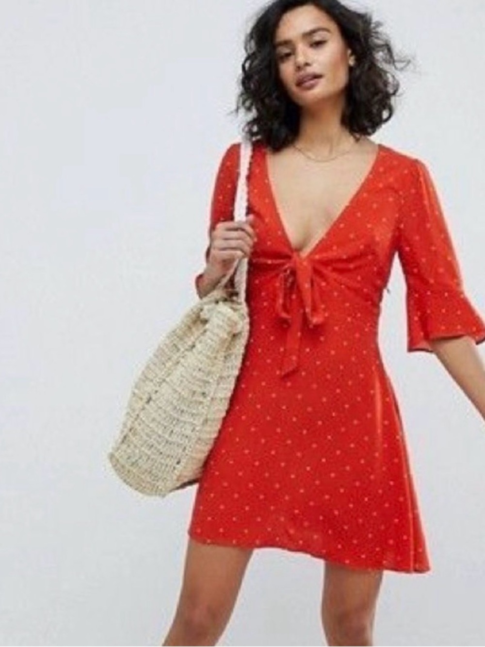 Free People All Yours Plunging V-Neck Polka Dot Mini Dress in Flame Red & Yellow